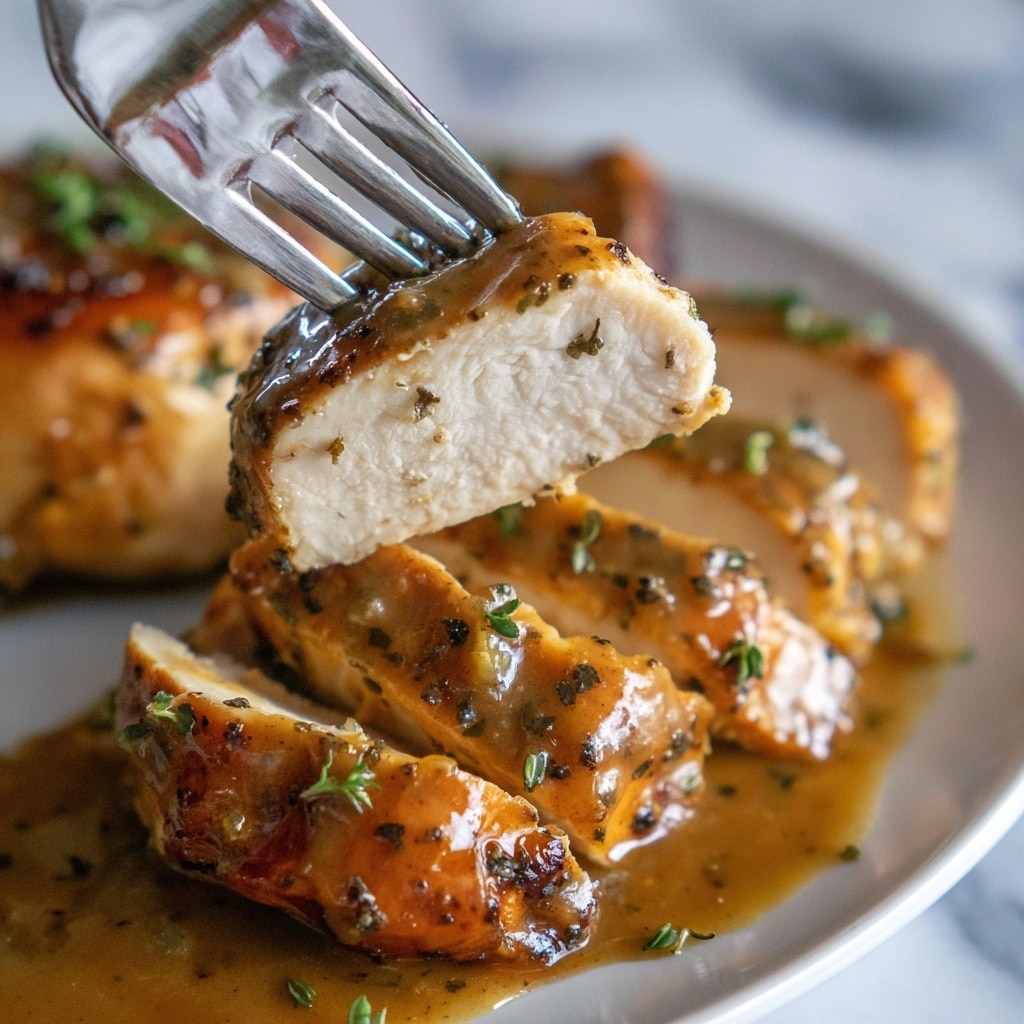 A white oval dish filled with a sliced cooked chicken breast covered in a shiny golden-brown glaze with small herbs and pepper bits on it. The chicken is cut into about eight thick pieces arranged neatly in the dish. Fresh green parsley leaves are sprinkled on top, adding contrast to the warm color of the chicken. In the dish, there are sprigs of fresh rosemary lying alongside the chicken, partially submerged in a light brown sauce that pools at the bottom. The background is a white marbled texture. photo taken with an iphone --ar 4:5 --v 7
