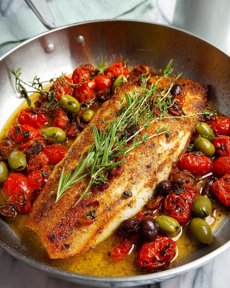 A cooked golden-brown fish fillet with crispy edges lies in the middle of a shiny metal pan, surrounded by bright red roasted cherry tomatoes and green olives. Fresh green rosemary and thyme sprigs rest on top and around the fish. The fish and vegetables are in a light golden sauce that looks slightly oily and seasoned. The whole pan is set on a white marbled surface with a white cup and a white napkin nearby. photo taken with an iphone --ar 4:5 --v 7