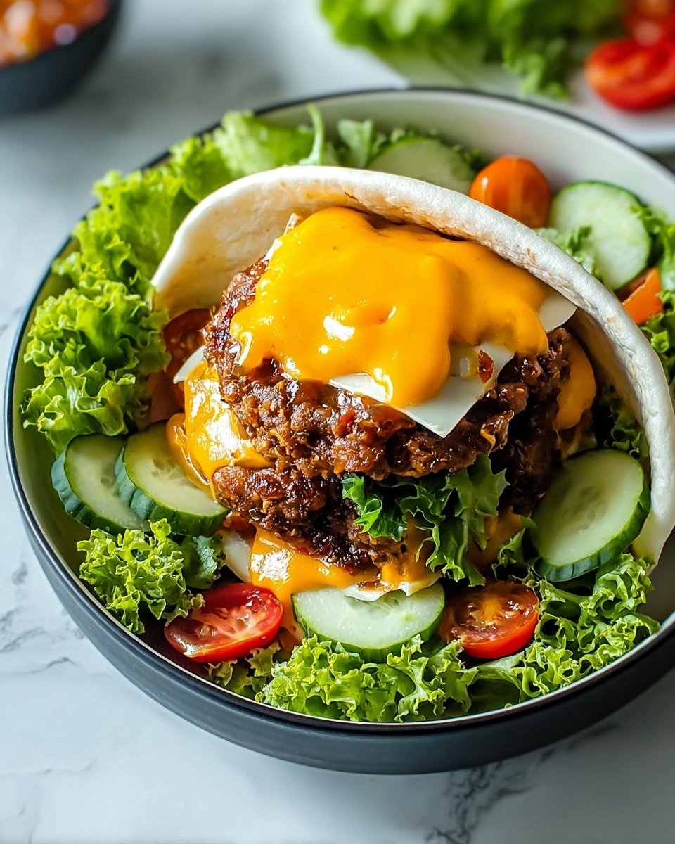 A black bowl holds a layered dish starting with a base of fresh curly green lettuce. On top of the lettuce are slices of light green cucumber and small red tomato pieces scattered around. Next is a crispy, thin patty with a golden melted cheese topping that looks soft and gooey. Two very melted orange cheese dollops sit on the patty’s right side. Around the patty’s edge is a white lightly toasted flatbread ring that surrounds the layers. The dish is set on a white marbled texture surface with a few small drops of orange sauce nearby. Photo taken with an iphone --ar 4:5 --v 7