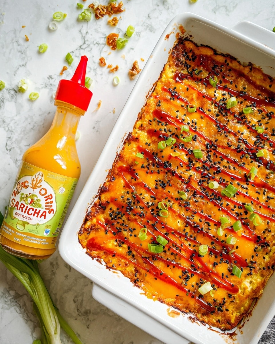 This image shows a white square baking dish filled with a layered, baked rice casserole. The bottom layer is white rice, topped by a thick layer of shredded light orange and creamy mixture that looks like crab or seafood salad. On top, thin orange sauce is drizzled in horizontal lines across the dish. The casserole is sprinkled with finely chopped green onions and small black seaweed flakes, creating a colorful contrast. A portion has been scooped out from one corner, revealing the layered inside. The baking dish sits on a wooden board with a white marbled texture surface underneath and a partially visible white plate with some dark food in the background. Photo taken with an iphone --ar 4:5 --v 7