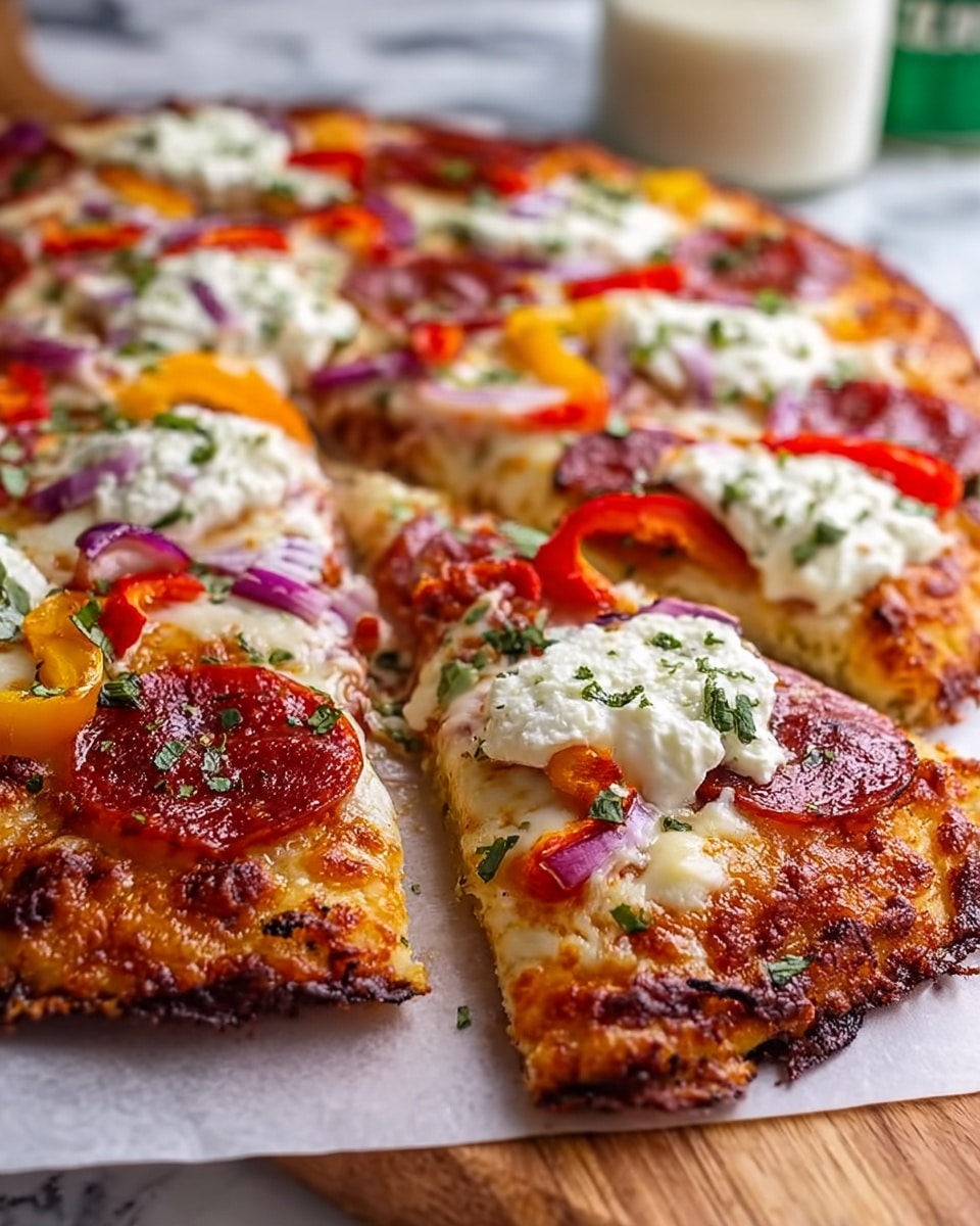 A close-up view of a sliced pizza with a golden-brown crust, showing three visible layers: a crispy, slightly charred outer crust; a middle layer of melted cheese with patches of browned spots; and bright red, juicy tomato slices placed evenly on top. Small dollops of white creamy cheese are scattered across the surface along with a sprinkle of green herbs. The pizza rests on brown parchment paper atop a wooden board, all set on a white marbled textured surface. Photo taken with an iphone --ar 4:5 --v 7