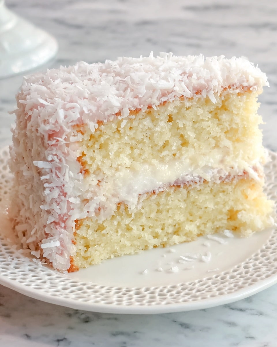 The image shows a slice of cake with two layers of light yellow sponge separated by a thick middle layer of white frosting mixed with shredded coconut. The outside frosting is a light pinkish color, covered fully with white shredded coconut giving the cake a rough texture. The cake sits on a white plate with a lace-like pattern, all placed on a white marbled surface. The texture of the sponge looks soft and fluffy, contrasting with the rough coconut flakes on the outside. Photo taken with an iphone --ar 4:5 --v 7