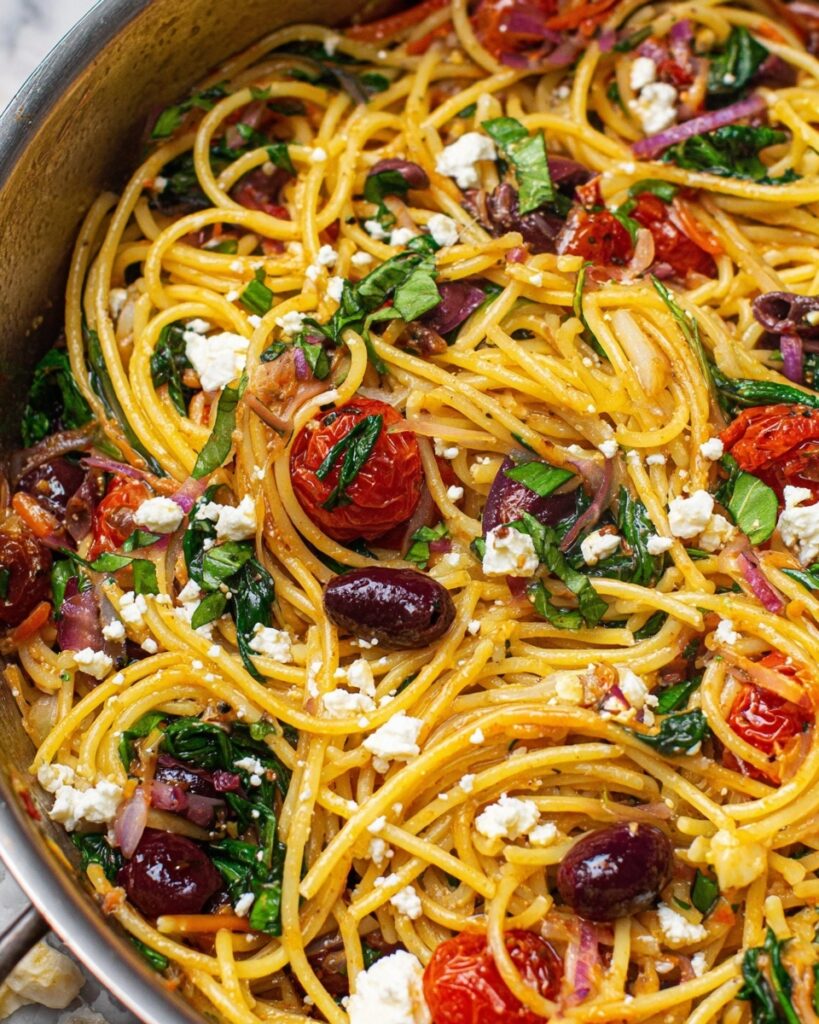 Greek Spaghetti with Cherry Tomatoes, Kalamata Olives, Feta, and Fresh Basil Recipe