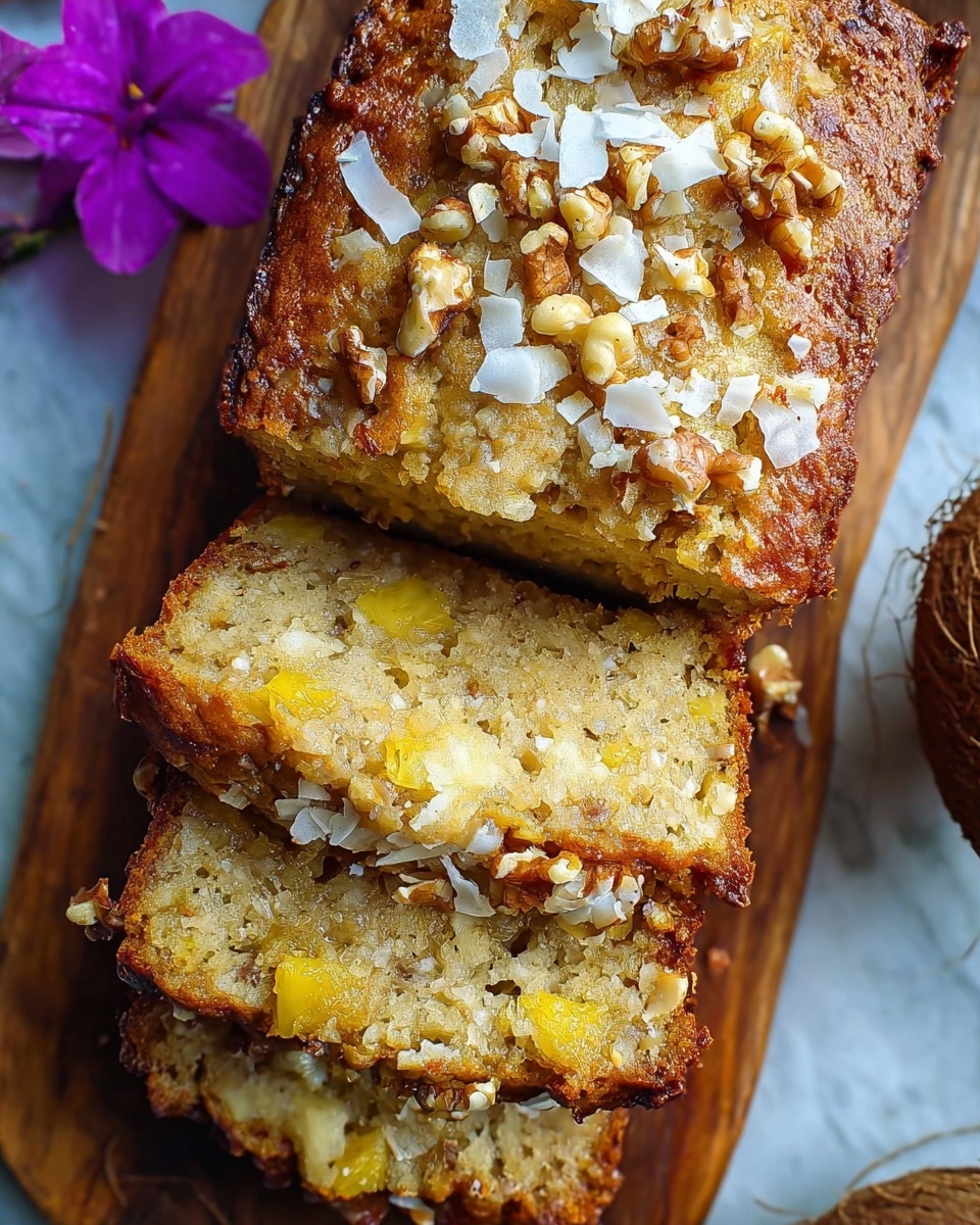 A loaf of golden brown banana bread sits on a wooden board, partially sliced into three thick pieces. The bread's texture looks moist and soft with small bits of pineapple embedded inside. The top is sprinkled with white coconut flakes and chopped walnuts, adding a crunchy texture contrast. The sides and surface of the bread are evenly browned, showing a crispy crust. In the background, there is a glimpse of a purple flower on the left side and green tropical leaves peeking out, all set against a white marbled surface. photo taken with an iphone --ar 4:5 --v 7
