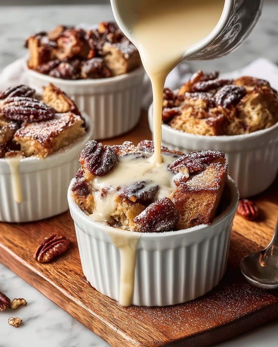 A close-up image of four white ceramic ramekins filled with bread pudding. The top layer consists of toasted, golden-brown bread cubes dusted with powdered sugar, and scattered dark brown pecan halves. Warm creamy sauce is being poured over the bread and nuts in the front ramekin, partially covering the textured bread and pecans in a smooth, light beige layer. The ramekins sit on a wooden board placed on a white marbled surface. Photo taken with an iphone --ar 4:5 --v 7