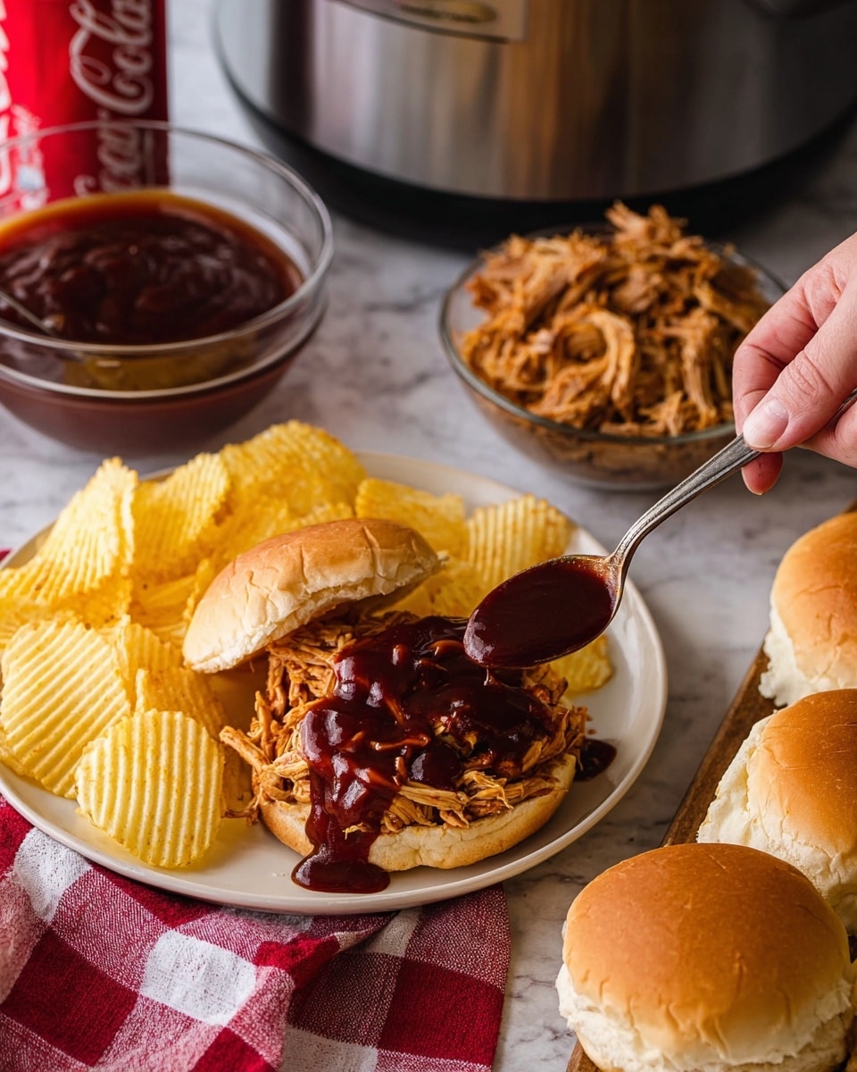 A white plate with a pulled chicken sandwich topped with dark brown barbecue sauce on a soft, glossy, golden brown bun, placed on the bottom half of the plate. Beside the sandwich, there is a stack of ridged, light yellow potato chips arranged loosely on the upper half of the plate. A woman's hand is holding a spoon dripping dark barbecue sauce over the sandwich. In the background, there is a white marbled texture surface under the plate, a glass bowl filled with dark barbecue sauce on the left, a red soda can behind the plate, a red and white checkered cloth near the woman's hand, a slow cooker with shredded chicken on the right, and three plain golden brown sandwich buns placed on the white marbled surface near the bottom right. photo taken with an iphone --ar 4:5 --v 7