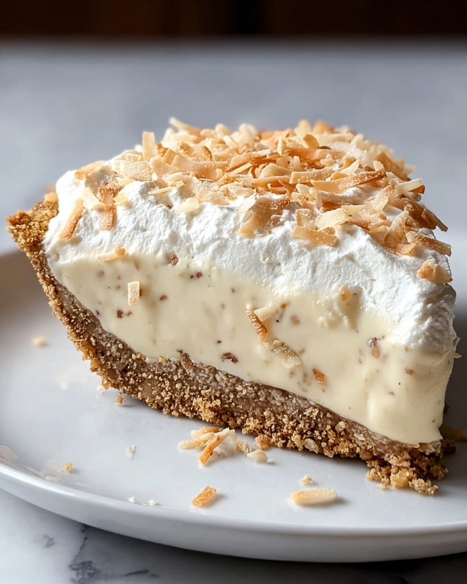 A close-up of a slice of creamy pie on a white plate with a white marbled surface underneath. The pie has three visible layers: a light brown crumbly crust on the bottom and sides, a thick pale yellow custard filling in the middle with a smooth, slightly glossy texture, and a fluffy white whipped cream layer on top with soft peaks. A fork with some pie is placed beside the slice on the plate. photo taken with an iphone --ar 4:5 --v 7
