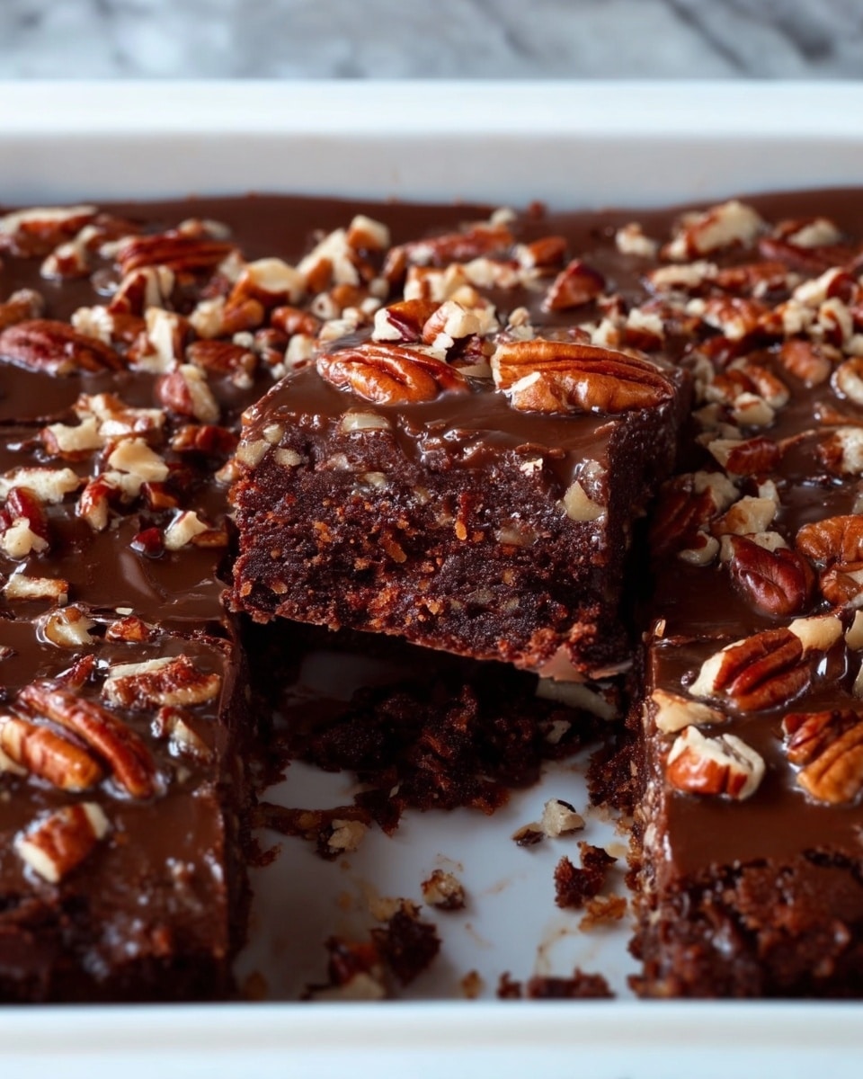 A single square piece of chocolate brownie sits on a white plate with a red floral pattern around the edge, showing a dense and moist texture with a glossy, slightly cracked top layer. The top is decorated with whole and chopped pecans scattered evenly, adding a rough texture contrast. Behind it, a larger baking tray holds the rest of the brownies, with some missing from the corner, revealing thick, moist brownie layers underneath the shiny, nut-studded surface. A white cloth is casually placed to the side on a white marbled surface. photo taken with an iphone --ar 4:5 --v 7