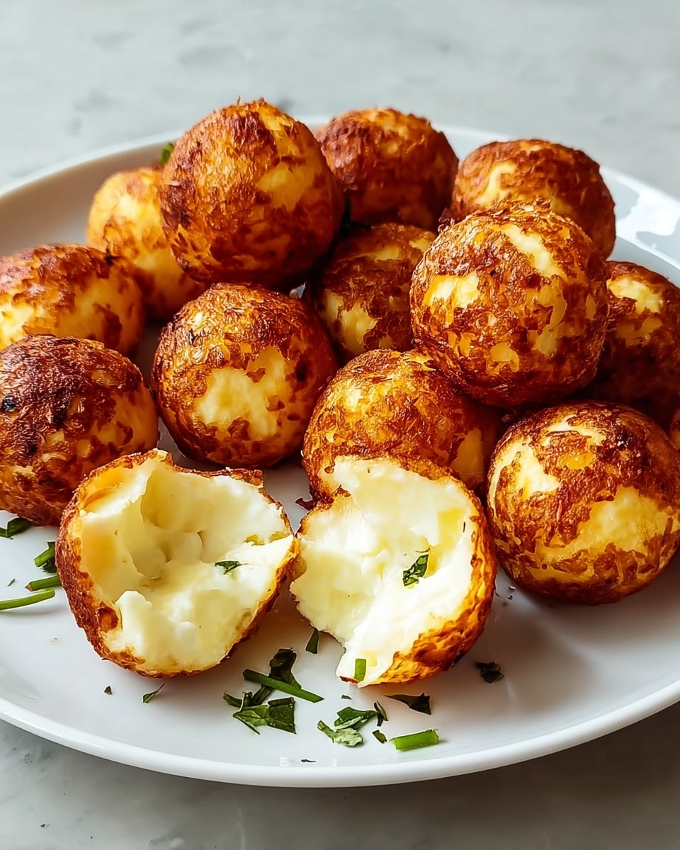 A white plate piled with small round cheese balls that have a golden brown, crispy outer layer and a soft, creamy white inside visible in two cheese balls that are split open at the front. The balls are textured with uneven brown spots from frying and look warm and melty inside. The background is a white marbled surface. photo taken with an iphone --ar 4:5 --v 7