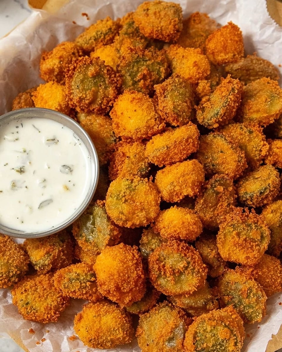 A close-up view of a large pile of small, round, golden-brown fried pieces with a crispy texture, scattered unevenly on a white parchment paper. Each piece shows a rough, crunchy coating with hints of green beneath the crust. On the left side, there is a small round metal container filled with a creamy white dipping sauce that has visible small green herb flecks. The background is a white marbled surface. photo taken with an iphone --ar 4:5 --v 7