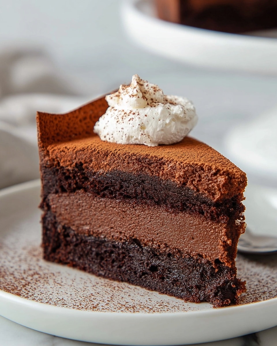 A single slice of rich chocolate cake with two main layers is placed on a white plate. The bottom layer is dense and moist with a dark brown color, while the top layer is lighter and has a slightly cracked, soft texture that folds over the side. On top of the slice, there is a small dollop of white whipped cream sprinkled with cocoa powder. Some cocoa powder is also scattered lightly on the plate near the cake. The background features a white marbled texture with soft lighting, highlighting the dessert's texture and colors. Photo taken with an iphone --ar 4:5 --v 7