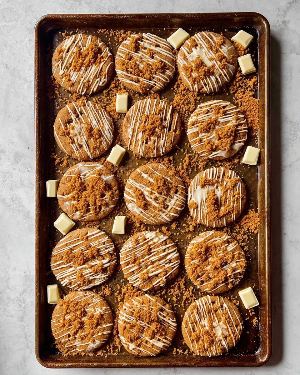 A baking tray filled with twelve round cookies, arranged in three rows of three to four each. Each cookie is light brown and topped with a layer of crushed ginger snap cookies, drizzled with two colors of sauce, one white and one caramel brown, creating thin stripes across the cookies. Around the cookies on the tray are larger broken pieces of ginger snap cookies and chunks of white chocolate scattered unevenly. The tray has a dark metal color and sits on a white marbled surface. photo taken with an iphone --ar 4:5 --v 7