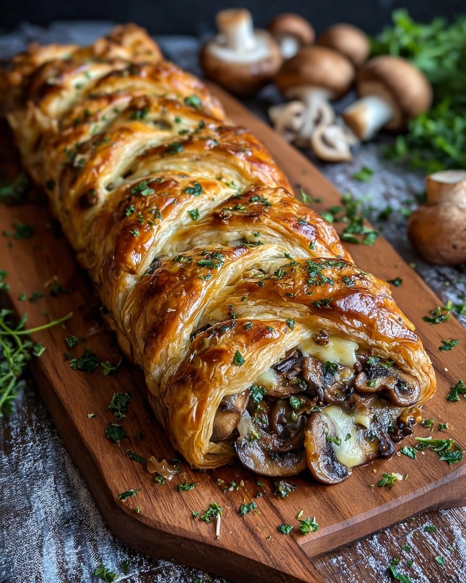 A long golden brown puff pastry roll with a shiny, crispy crust sits sliced on a wooden board, revealing a gooey inside filled with melted light yellow cheese and dark brown cooked mushroom pieces. The pastry has several visible flaky layers on the outside, topped with small green herb leaves scattered lightly over the top. The background features fresh white and brown mushrooms and green herbs on a white marbled surface. photo taken with an iphone --ar 4:5 --v 7