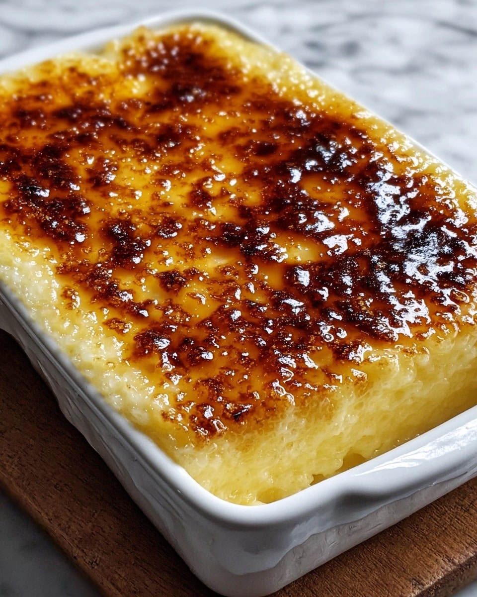A close-up view of a creamy baked dish in a white square ceramic baking dish with handles. The top layer is golden-brown and bubbly with a slightly crispy, caramelized texture around the edges, while the center remains a lighter golden cream color. The dish appears thick and dense, visible from the corner where a piece is missing, showing a soft, smooth, and custard-like interior. The baking dish is set on a wooden board with natural grain patterns, and the background features a white marbled surface. photo taken with an iphone --ar 4:5 --v 7