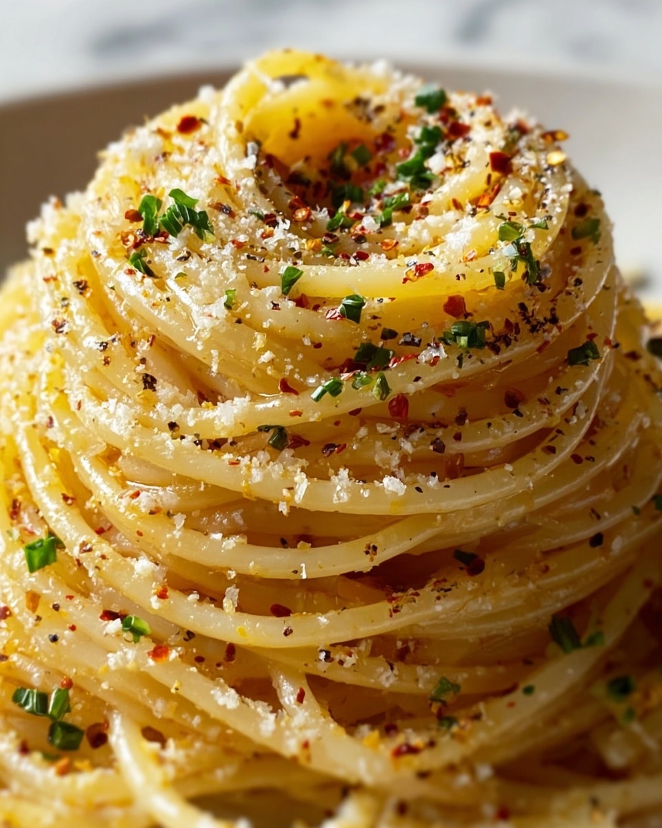 A tall, tightly coiled mound of golden spaghetti rests on a white plate, glistening with a light layer of oil or butter. The pasta strands are smooth, slightly shiny, and intertwined, with a sprinkling of finely grated white cheese that adds a soft, grainy texture. Small green flecks of chopped herbs and tiny red chili flakes are scattered evenly on top, providing contrast and color. A light dusting of cracked black pepper is visible, giving a speckled ruffled effect across the noodles. The background is a white marbled texture. Photo taken with an iphone --ar 4:5 --v 7