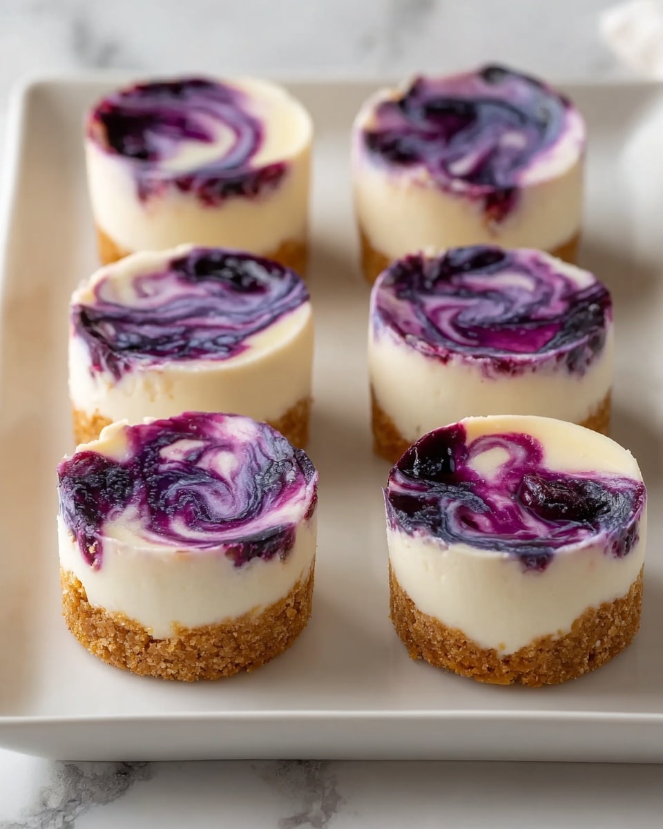 The image shows six mini cheesecakes on a white rectangular plate set on a white marbled surface. Each cheesecake has three layers: the bottom layer is a crumbly golden-brown crust, the middle layer is a smooth creamy white cheesecake, and the top layer features a glossy purple blueberry swirl with a marbled effect blending into the white cheesecake layer. The cheesecakes are evenly spaced, and the swirls on the top layer vary slightly, creating a natural handmade look. Photo taken with an iphone --ar 4:5 --v 7