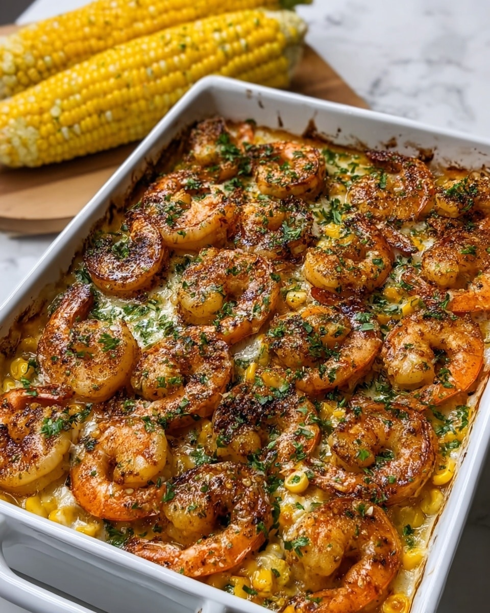 The image shows a close-up of a rectangular silver baking dish filled with cooked shrimp arranged in two layers. The top layer has golden-orange shrimp with some charred spots, sprinkled with chopped green herbs. Beneath the shrimp, there is a creamy sauce mixed with bright yellow corn kernels, adding texture and color. In the background, two ears of corn rest on a wooden board, all set on a white marbled surface with a blurred kitchen scene behind. The lighting highlights the glossy, well-seasoned shrimp and the vibrant colors of the dish. photo taken with an iphone --ar 4:5 --v 7