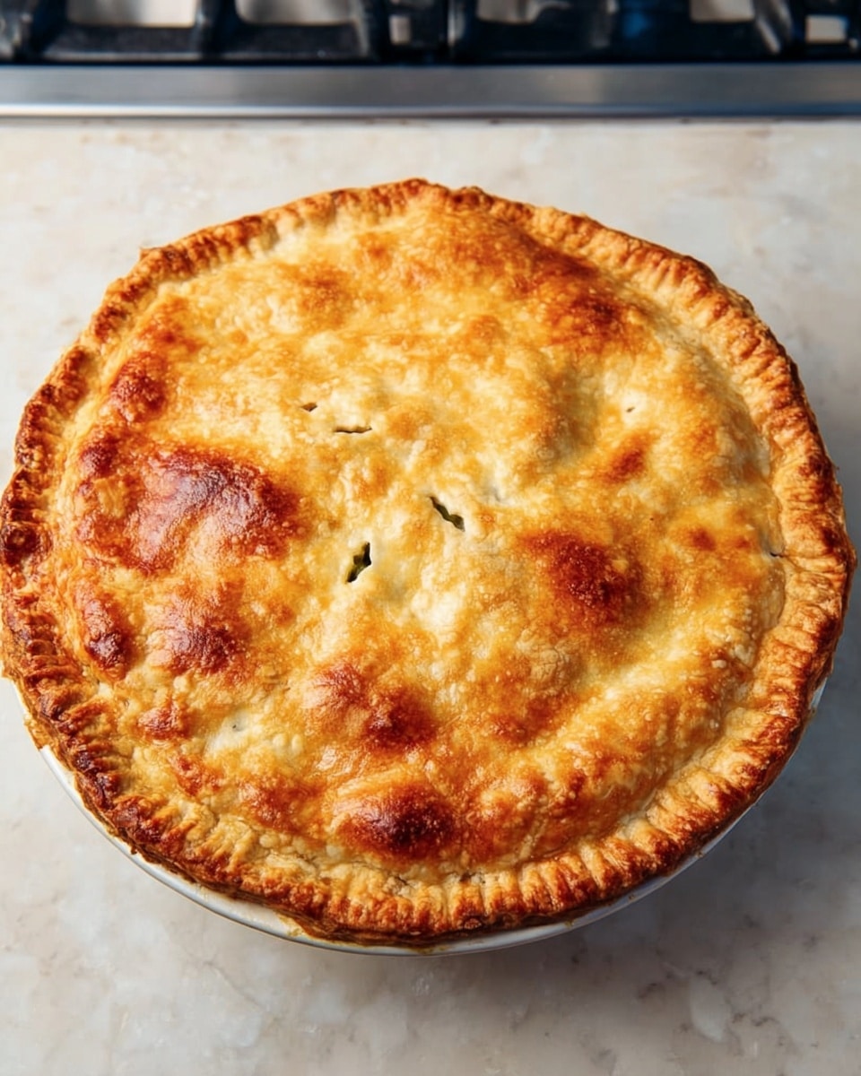 The image shows a slice of chicken pot pie served on a square white plate placed on a white marbled surface. The pot pie slice has a golden-brown flaky crust on top with a slightly crimped edge and is filled with chunky pieces of white chicken meat, white and yellow diced potatoes, orange carrot bits, and green peas mixed in a creamy white sauce. Behind the slice is a larger portion of the pot pie in a white dish, where the filling is visible with a creamy texture and colorful vegetable bits. There is a colorful cloth napkin to the right side of the dish. The overall scene is bright and homey. photo taken with an iphone --ar 4:5 --v 7