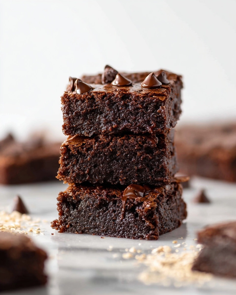 A stack of three thick, square brownies is centered in the image, each layer showing a dark brown, moist texture with melted chocolate chips embedded inside and on top, creating shiny, gooey patches. The brownies have slightly cracked tops revealing the rich chocolate inside. Around the stack, a few loose chocolate chips are scattered on a white marbled surface in soft focus, with more brownies blurred in the background, adding depth. The overall look is dense, fudgy, and inviting. Photo taken with an iphone --ar 4:5 --v 7