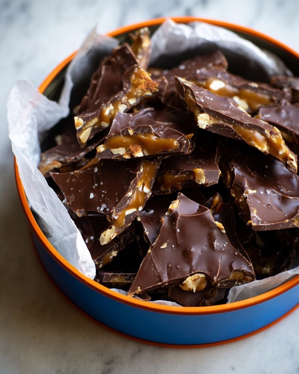 The image shows many pieces of broken chocolate toffee bark spread out over a white marbled textured surface. Each piece has two visible layers: a bottom golden caramel toffee layer with a slightly rough and nutty texture, topped by a smooth, glossy dark brown chocolate layer with gentle swirls. The pieces vary irregularly in size and shape, with some toffee bits and crumbs scattered around. Photo taken with an iphone --ar 4:5 --v 7