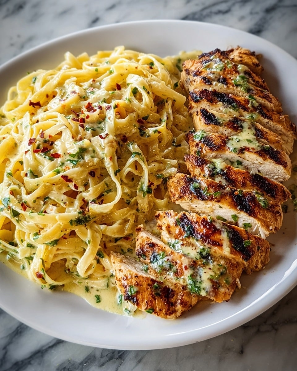 A white plate holds two main parts: on the left, a large mound of creamy fettuccine pasta colored light yellow, coated with a thick, smooth white sauce with speckles of green herbs and small red chili flakes sprinkled on top; on the right, sliced grilled chicken breast arranged in a neat row with golden brown, slightly charred skin, topped with a creamy sauce mixed with green herbs and red chili flakes that drips slightly onto the plate; the dish rests on a white marbled surface. photo taken with an iphone --ar 4:5 --v 7