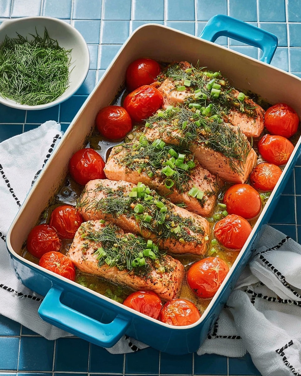 The image shows a blue baking dish filled with six cooked salmon fillets arranged in two rows, each coated lightly with herbs and black pepper. Bright red cherry tomatoes are scattered evenly among the salmon pieces, adding a pop of color. Green chopped scallions and dill are sprinkled generously over the top, creating a fresh, textured look. The dish sits on a blue tiled surface with a white marbled texture and a white cloth with black lines is next to it. In the background, a small white bowl contains more finely chopped dill. photo taken with an iphone --ar 4:5 --v 7