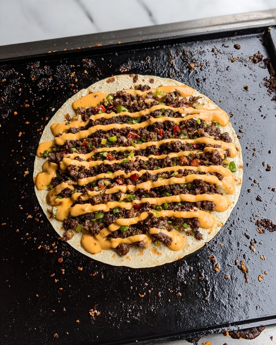 A flat, round tortilla forms the base layer, light beige in color with a soft texture, topped evenly with a thick layer of dark brown cooked meat pieces that look juicy and slightly charred. Over the meat, there are thin zigzag stripes of bright orange creamy sauce spread across the entire surface. The dish is cooking on a large, black flat griddle with some food crumbs scattered around. photo taken with an iphone --ar 4:5 --v 7