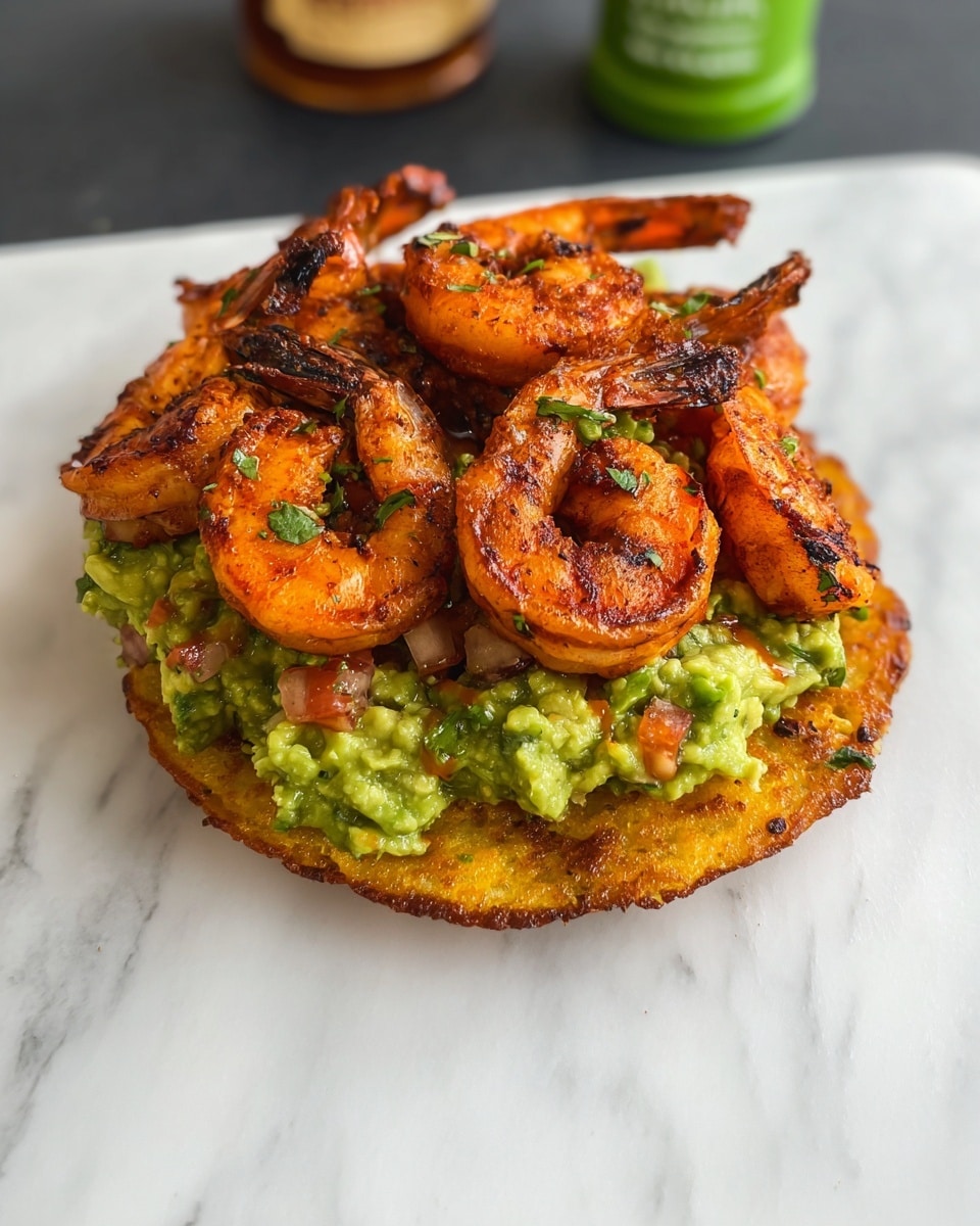 This image shows a dish with three layers on a white plate on a white marbled surface. The bottom layer is a round, golden-brown crispy base, likely a tostada or fried tortilla, with a slightly rough texture and crisp edges. On top of this is a thick layer of chunky green guacamole mixed with small bits of red tomato and herbs, giving it a creamy yet textured look. The top layer consists of several large, bright orange shrimp with charred, dark grill marks that add a slightly rough and smoky appearance. The shrimp are arranged closely together in a small pile, covering most of the guacamole. A green seasoning bottle is visible in the blurred background. photo taken with an iphone --ar 4:5 --v 7