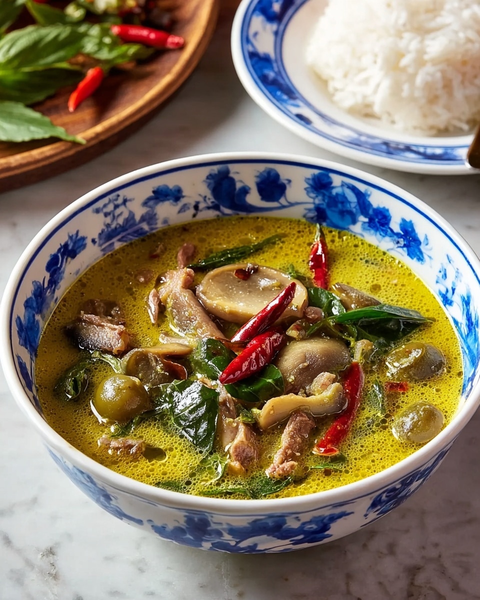 The image shows a white bowl with blue floral patterns filled with a golden yellow broth soup. Inside the soup, there are several layers: the first layer is a clear, oily broth with a slight shine; the second consists of light brown pieces of chicken with some texture; the third layer has small green pea-sized vegetables and fresh green leaves floating on top. There is also a long, red dried chili pepper resting on the surface. A silver spoon lifts a portion of the soup, showing a piece of chicken, green leaves, and broth. The bowl sits on a white marbled textured surface. photo taken with an iphone --ar 4:5 --v 7