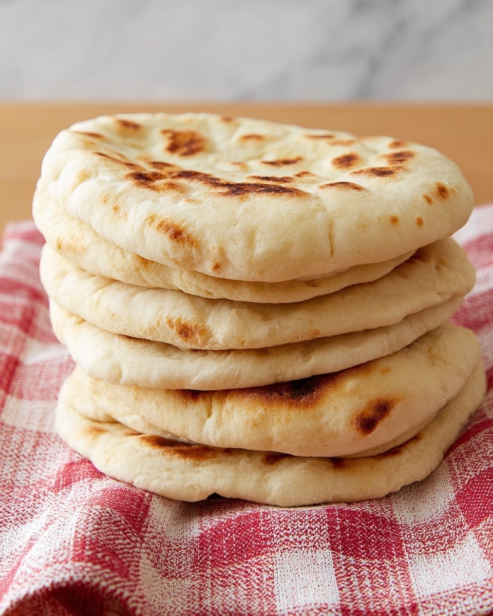 A stack of five round, puffed flatbreads with a light golden-brown color sits on a red and white checkered cloth, resting on a white marbled surface. Each flatbread layer shows slight variations in texture with some spots of browning, indicating a soft and fluffy inside with a slightly crisp outside. The flatbreads are evenly sized and stacked neatly one on top of the other. The background is softly blurred with a similar flatbread out of focus. Photo taken with an iphone --ar 4:5 --v 7