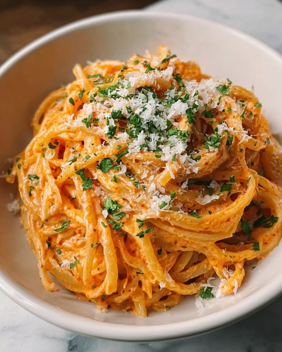 A bowl of pasta with a creamy orange sauce covering thick noodles, piled in the center of a white bowl. The pasta is topped with shredded white cheese and small bits of chopped green herbs scattered evenly on top, adding a fresh contrast. The bowl sits on a white marbled surface, showing warm lighting that highlights the sauce’s creamy texture and the noodle's soft, twisted shapes. Photo taken with an iphone --ar 4:5 --v 7