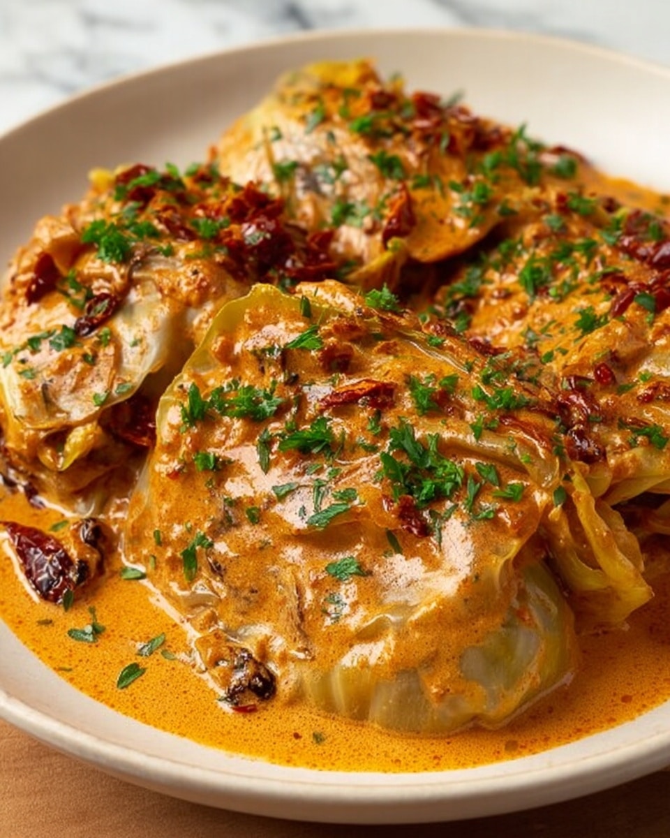 The dish shows several layers of soft cooked cabbage leaves covered in a thick, creamy orange-colored sauce with a rich texture that looks slightly chunky. The sauce layers the cabbage fully, with visible small dark and red bits that seem like spices or dried chili pieces scattered throughout. Green chopped herbs are sprinkled evenly on top, adding a fresh pop of color. All this is placed on a white plate, set against a white marbled surface. Photo taken with an iphone --ar 4:5 --v 7