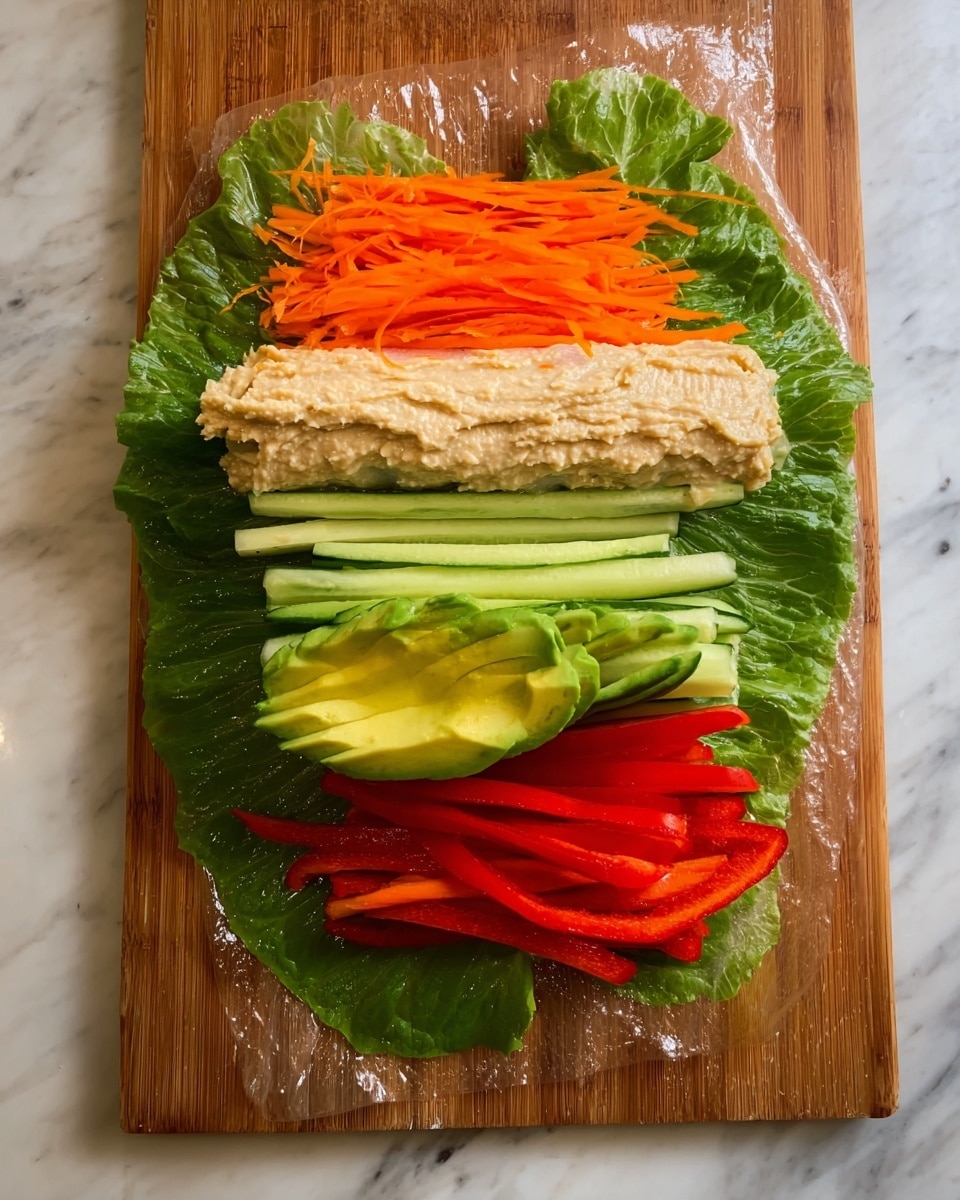 The image shows two fresh spring roll halves held by a woman's hand, each wrapped in translucent rice paper with visible green lettuce leaves forming the outer layer. Inside, there are neatly packed layers starting with shredded orange carrots at the top, a thick creamy beige layer beneath them, and finely diced deep red pieces below the cream. At the bottom, there are more lettuce leaves and some green cucumber slices, creating a colorful and fresh look. The background is a white marbled texture. photo taken with an iphone --ar 4:5 --v 7