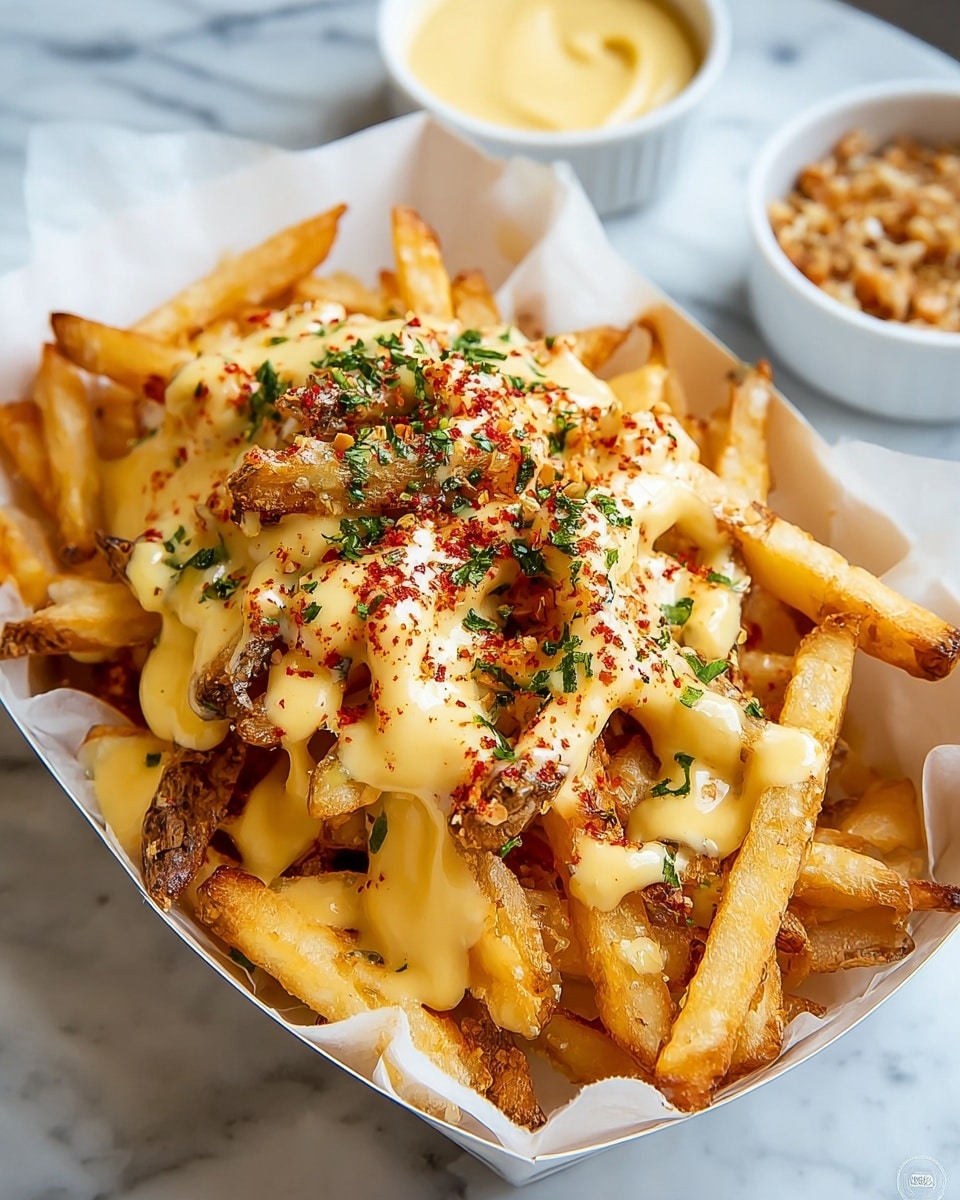 A paper-lined white tray is filled with a large pile of golden, crispy French fries. On top, there is a creamy, pale yellow cheese sauce that drips over the fries. Bright red paprika powder is sprinkled evenly across the sauce, along with small pieces of chopped green herbs, adding contrast and color. The fries have browned edges showing their crisp texture. The tray sits on a white marbled surface with two small white bowls in the background, one containing more cheese sauce and the other some crushed nuts or topping. photo taken with an iphone --ar 4:5 --v 7