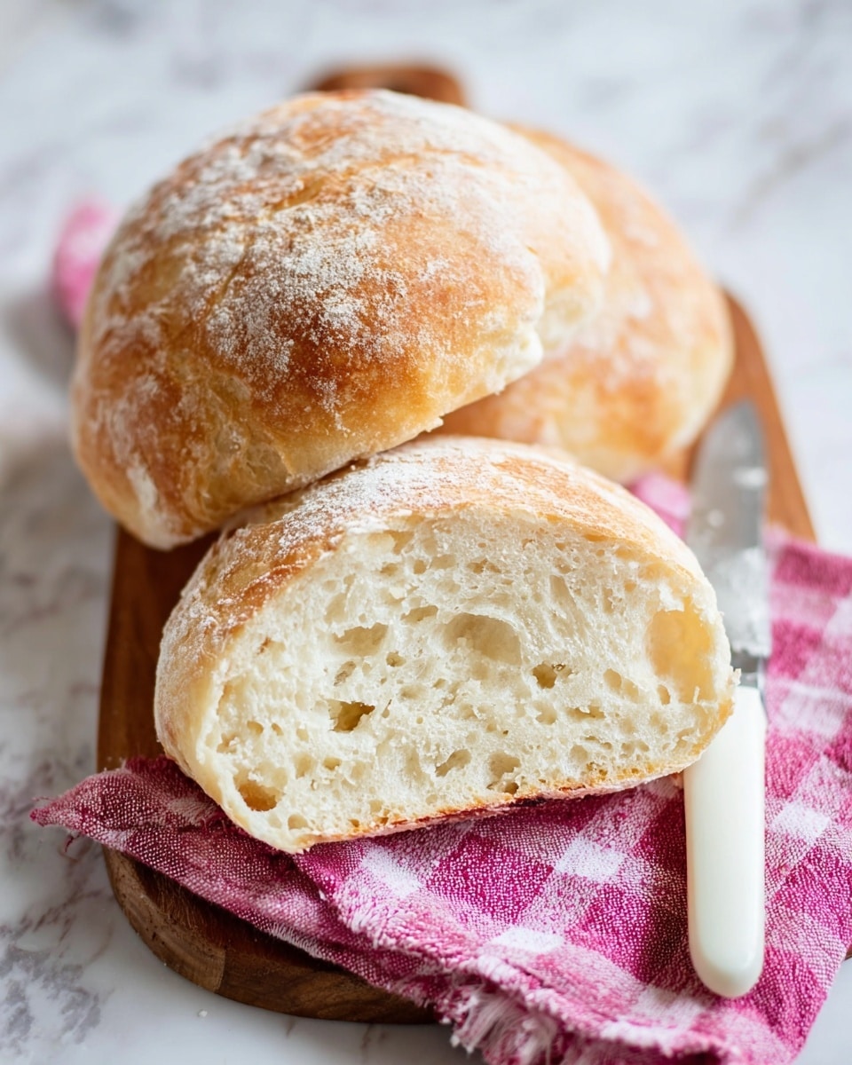 The image shows a close-up of a freshly baked bread roll cut in half, placed on a wooden board with a pink and white checkered cloth underneath. The bread has a golden brown, slightly crusty top sprinkled with white flour. The inside of the bread is soft with a light cream color and a porous, airy texture. A butter knife with a white handle rests on the wooden board next to the bread. The background is a clean white marbled surface. photo taken with an iphone --ar 4:5 --v 7