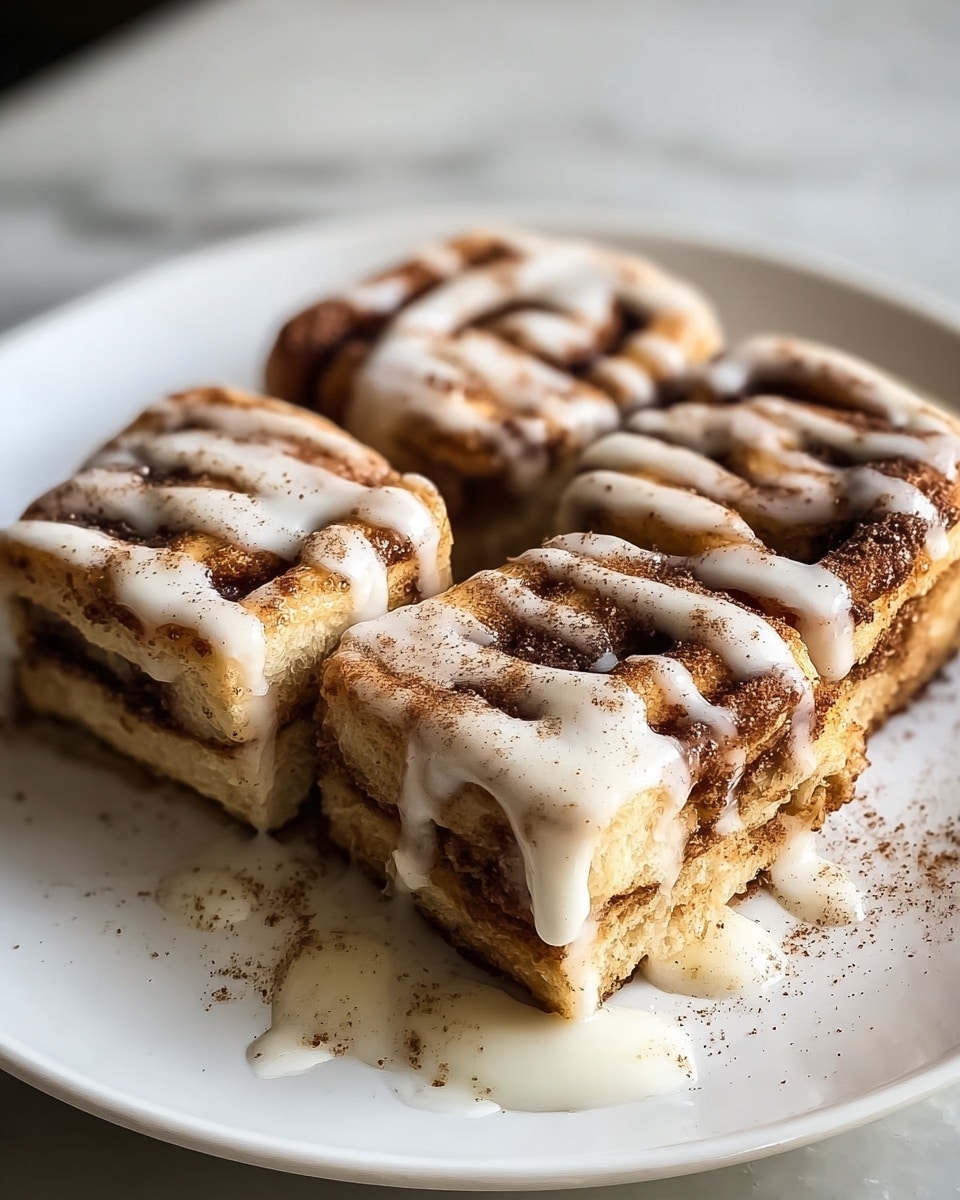 Four square pieces of cinnamon roll placed close together on a white plate, each piece showing three visible layers: soft light brown dough folded with dark brown cinnamon filling inside, topped with thick white icing drizzled unevenly over the top and sides, sprinkled lightly with cinnamon powder. The plate rests on a white marbled textured surface, with some drops of icing spilled around the base of the rolls. The image is close up, focusing on the texture and layers of the cinnamon rolls. photo taken with an iphone --ar 4:5 --v 7