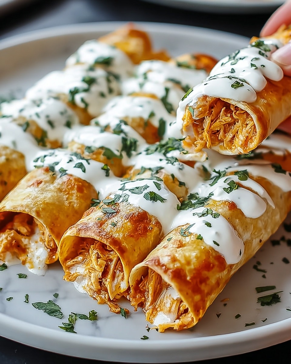 A close-up view of six rolled enchiladas arranged on a white plate, each enchilada filled with a mix of shredded chicken and sauce, showing a golden-brown outer tortilla. The top of the enchiladas is drizzled with smooth white sour cream sauce and sprinkled with chopped green cilantro leaves. The plate sits on a white marbled surface, and part of a woman's hand is visible gently holding one of the enchiladas, emphasizing the texture and layers of the dish. photo taken with an iphone --ar 4:5 --v 7