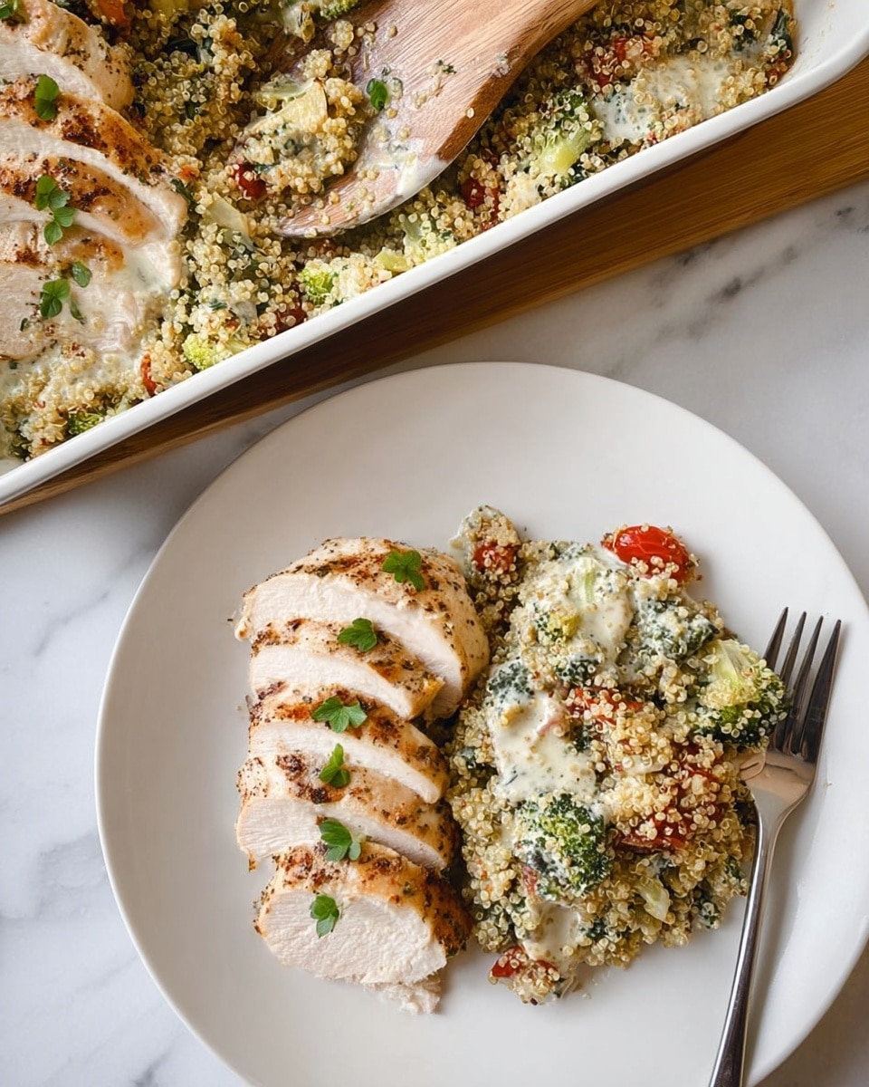 A white plate holds two main layers: on the left, sliced grilled chicken breast with a light brown sear and small green herb leaves on top, and on the right, a creamy quinoa and vegetable mix with visible pieces of green broccoli, red tomatoes, and leafy greens, all mixed in a rich white sauce. A silver fork rests on the plate's right side. In the background, a woman’s hand holds a wooden spoon inside a large white baking dish filled with more of the quinoa and vegetable mix, which has the same creamy texture and colorful vegetable pieces. The scene is set on a white marbled surface. Photo taken with an iphone --ar 4:5 --v 7