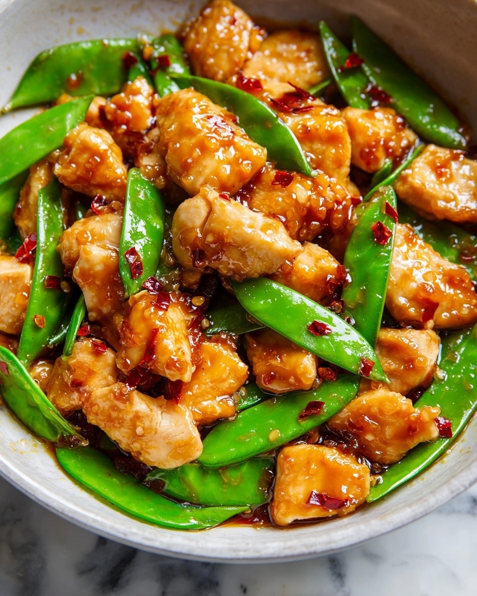 This image shows a close-up of bite-sized chicken pieces cooked in a shiny, sticky orange-brown sauce. The chicken pieces look tender and are mixed with bright green snap peas that add a fresh pop of color. The sauce lightly coats the chicken and snap peas, with small bits of red chili flakes scattered on top, adding a feeling of spiciness. The dish is presented in a white bowl on a white marbled surface. Photo taken with an iphone --ar 4:5 --v 7