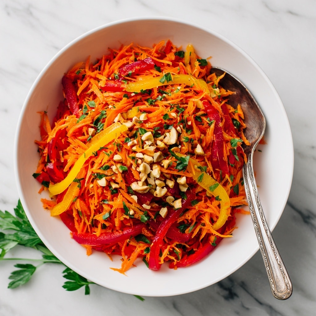A white bowl filled with a colorful salad showing multiple layers starting with thin orange carrot sticks and thin red and yellow bell pepper strips mixed throughout. On top, there are chopped cashews scattered in the center and small pieces of green onion and parsley lightly spread across the salad. A silver spoon is resting inside the bowl on the right side. The bowl is placed on a white marbled surface with some sprigs of cilantro around it. Photo taken with an iphone --ar 4:5 --v 7