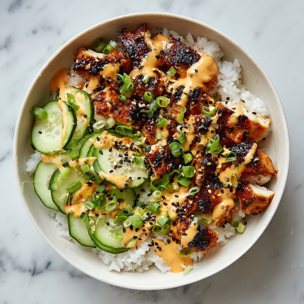 A white bowl with fluffy white rice as the base layer, topped with grilled cubes of chicken that are golden brown with some charred edges. Thin slices of light green cucumber are placed on one side of the bowl. The chicken is drizzled with a smooth, creamy orange sauce that spreads over the rice and cucumber. Bright green chopped scallions are scattered across the dish, along with small black sesame seeds adding contrast. The bowl sits on a white marbled surface. photo taken with an iphone --ar 4:5 --v 7
