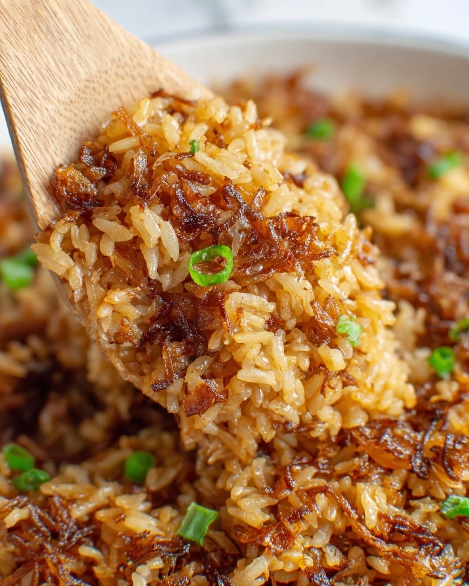 A close-up image shows a wooden spoon lifting a portion of fried rice with crispy, golden-brown caramelized onions mixed throughout. The rice is cooked with a slightly sticky texture, featuring a rich brown color from the onions and seasoning. Small bits of green onion are scattered on the rice as garnish. The rice fills the background with a textured, uneven surface showing browned bits. The scene is set on a white marbled texture surface. photo taken with an iphone --ar 4:5 --v 7