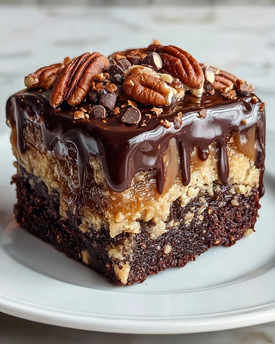 A close-up of a three-layered dessert square on a white plate, set against a white marbled background. The bottom layer is dark brown and crumbly, resembling a rich chocolate crust. The middle layer is a lighter beige color with a sticky, crispy texture, filled with small crunchy bits. The top layer is a thick, shiny dark brown chocolate ganache, dripping slightly down the sides. Decorative swirls of chocolate frosting and crushed nuts are neatly placed on top, adding texture and richness. Photo taken with an iphone --ar 4:5 --v 7