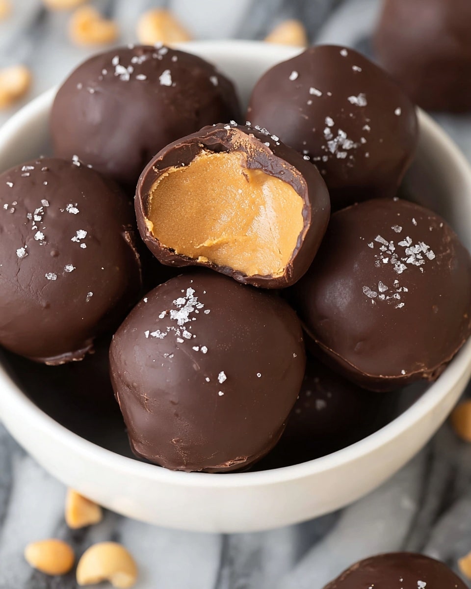 A close-up view of round chocolate-covered truffles piled in a white bowl with a white marbled background, featuring one truffle on top that is bitten to show three layers: a dark brown glossy chocolate shell layer outside, a thick light brown creamy peanut butter filling inside with a soft texture. Small salt flakes are sprinkled on some of the chocolate-covered truffles. photo taken with an iphone --ar 4:5 --v 7
