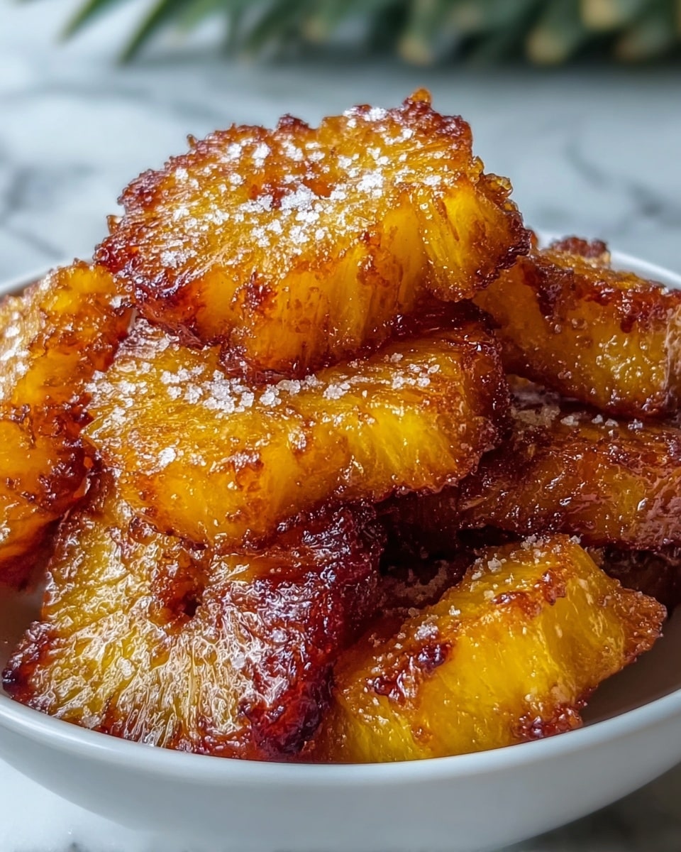 The image shows a white speckled bowl filled with richly caramelized pineapple chunks. The pineapple pieces are golden yellow with deep amber edges, giving them a glazed, sticky texture. Each chunk is cut into thick, irregular shapes with visible fibrous details. The caramelization creates a shiny, slightly crisp surface on the fruit, making it look glossy and juicy. The bowl sits on a white marbled surface, and the background is softly blurred but dark, emphasizing the warm colors of the pineapple. photo taken with an iphone --ar 4:5 --v 7