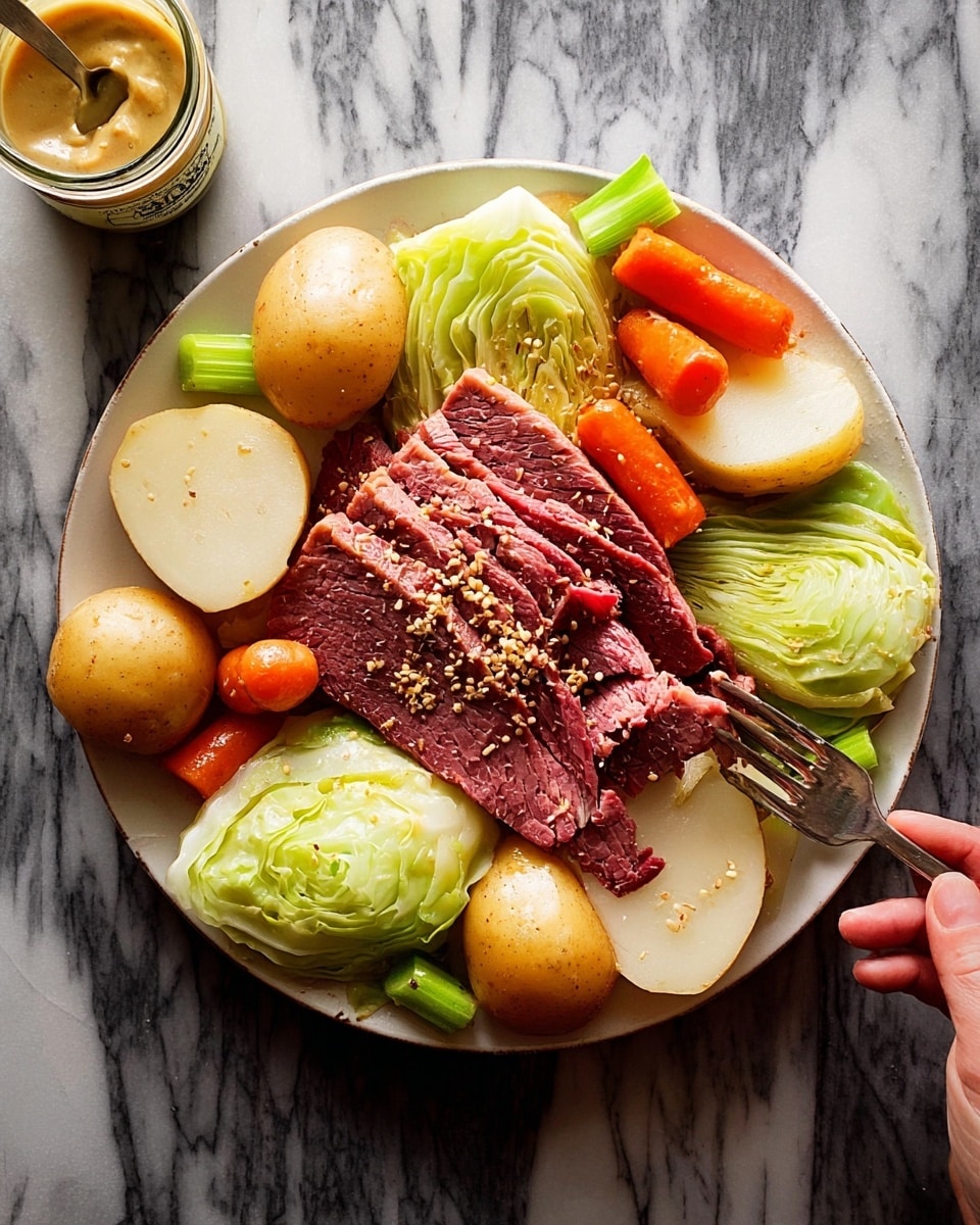 A gray plate sits on a white marbled surface filled with a dish showing about three layers: the bottom layer is light yellow cabbage leaves and white onion slices arranged around the plate edges, creating a soft base. The middle layer consists of small, round, beige boiled potatoes scattered evenly, with bright orange baby carrots and pale green celery sticks mixed throughout. The top layer shows thick, sliced corned beef with its deep pink color and fibrous texture, topped with a thick spread of grainy mustard, featuring dark brown and golden seeds scattered across the meat. A fork rests on the bottom left side of the plate. Photo taken with an iphone --ar 4:5 --v 7