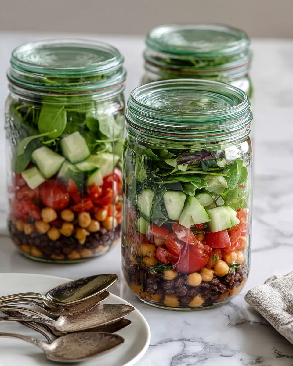 A white plate filled with a fresh salad showing layers of green leafy lettuce and herbs as the base, topped with bright red grape tomatoes, pale green celery pieces, light brown chickpeas, and finely chopped purple onions scattered evenly throughout. The textures range from crisp and leafy to firm and smooth. A silver spoon and fork rest together on the right side of the plate, which sits on a white marbled surface. In the background, blurred glass jars with more salad and a white cloth napkin add a casual, fresh setting. photo taken with an iphone --ar 4:5 --v 7