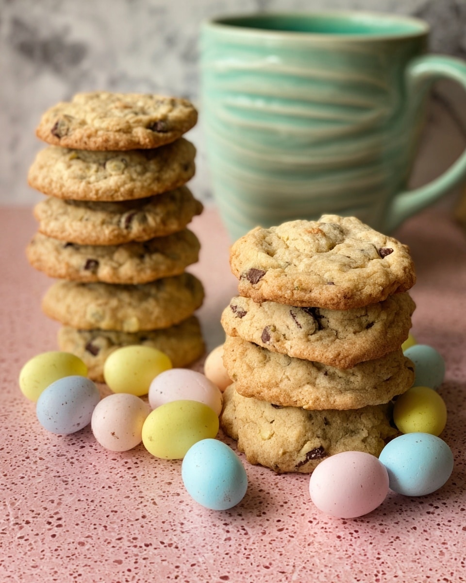 Two stacks of soft, chewy cookies with light golden brown color and visible bits of chocolate chips and colorful candy pieces are placed side by side on a white marbled surface. The stack on the left has seven cookies, a bit thicker and more uneven in shape, while the stack on the right has ten cookies with a slightly smoother texture. Around the stacks are scattered small pastel-colored candy eggs in yellow, white, pink, and blue. Behind the cookies is a decorative green mug with an ornate pattern. The photo taken with an iphone --ar 4:5 --v 7