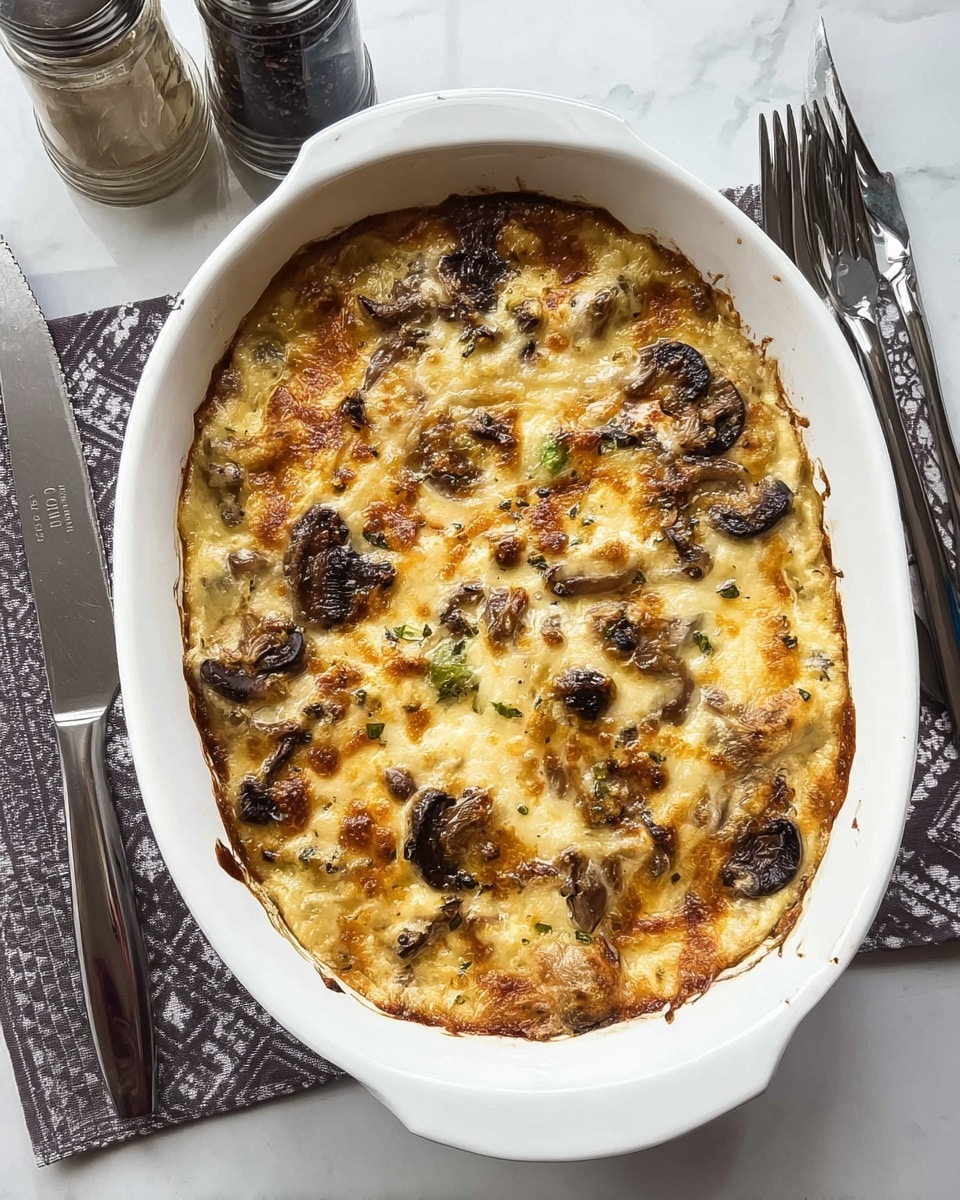 A white oval baking dish holds a baked casserole with a golden brown top layer that has melted cheese and browned bits around the edges, with visible slices of dark brown mushrooms and small green pieces distributed throughout. The texture looks creamy and bubbly with some crispy spots on top. The casserole has no clear separate layers, appearing as one mixed dish. The dish is placed on a white marbled surface with a knife with a metallic blade and dark handle on the left side, and three forks with silver tops and black handles stacked on the right. Two seasoning bottles stand in the top left corner. photo taken with an iphone --ar 4:5 --v 7