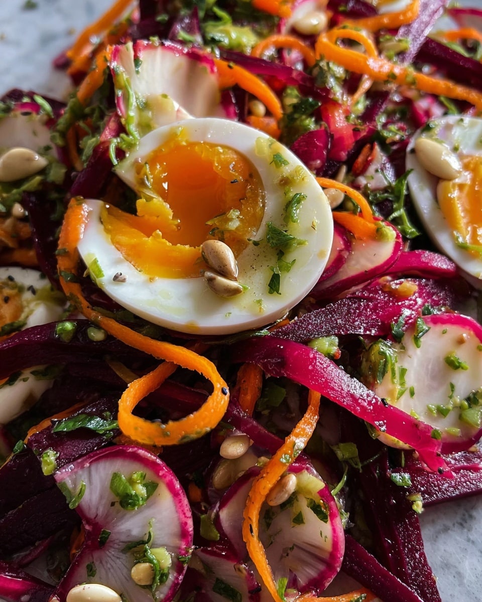A wooden bowl holds a vibrant salad with seven distinct layers arranged side by side. Starting from the left, thin red beet strips sit next to pale pink and white radish slices. To the right, a mound of shredded orange carrots mixed with thin purple carrot strips adds texture. In the center, small white pine nuts are scattered. Fresh, chopped green herbs fill the next section, leading to two halves of a soft-boiled egg with a rich, runny yellow yolk. Lastly, thin slices of bright green avocado lie at the right edge, all sprinkled with a light dressing and black sesame seeds. The bowl rests on a white marbled surface. photo taken with an iphone --ar 4:5 --v 7